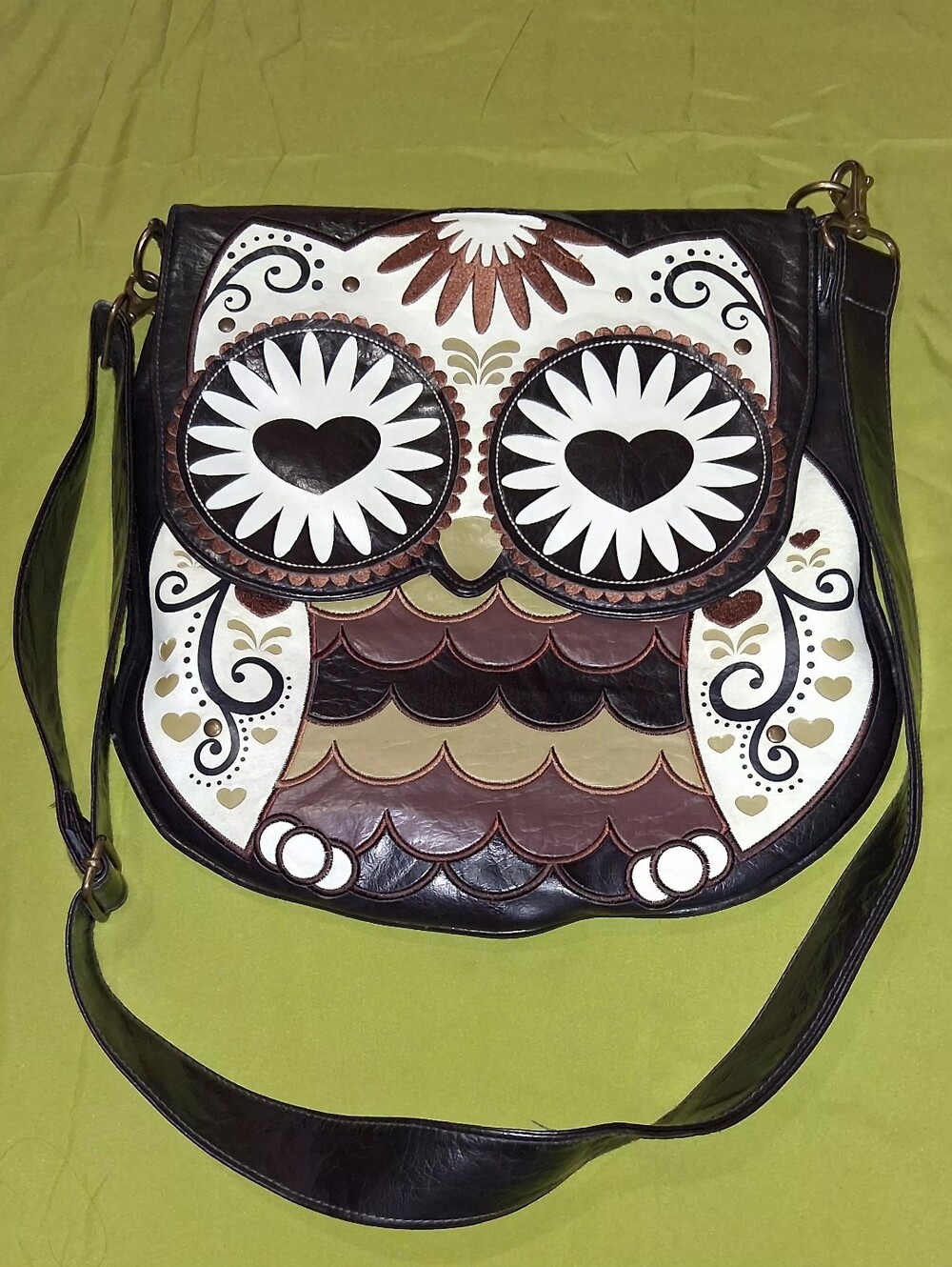 Whimsical Owl Leather Crossbody Bag in Brown & Cream